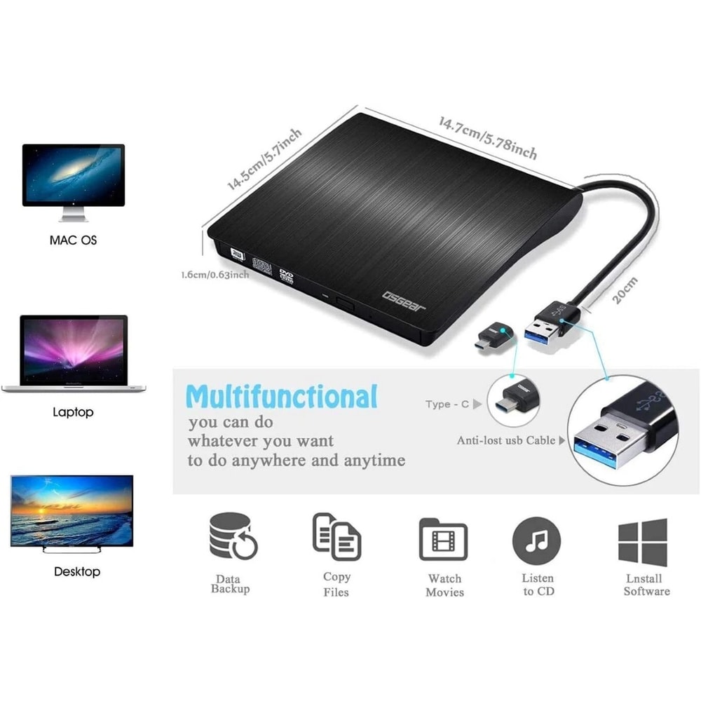 Slim USB External CD DVD Drive Portable DVD RW Burner For Laptop And Desktop 4