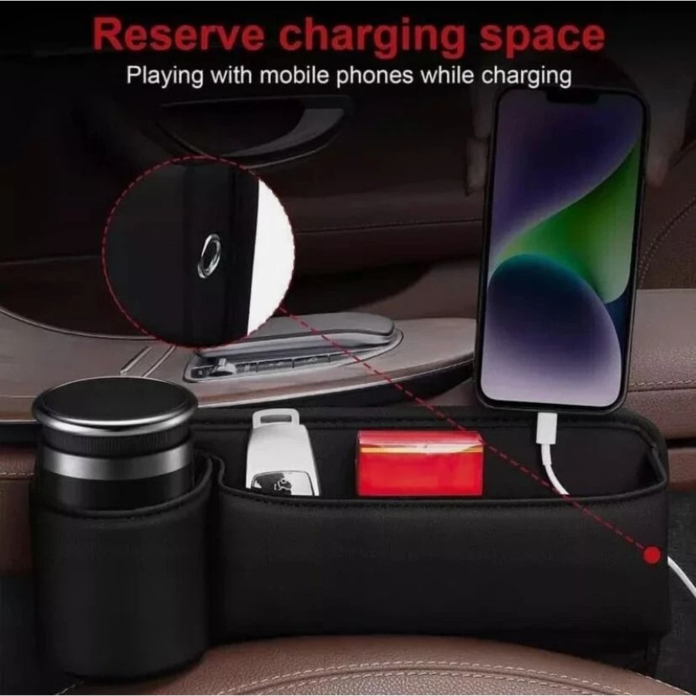 Leather Car Seat Gap Filler Organizer With Cup Holder Storage Bag 1