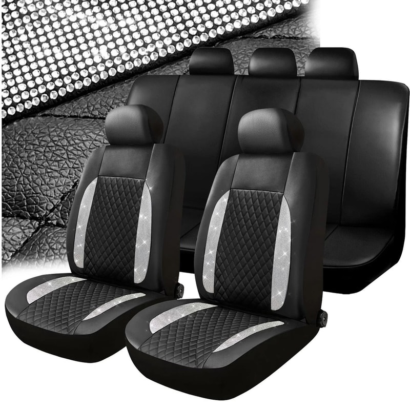 Diamond Leather Car Seat Covers Full Set Premium Bling Rhinestone Auto Seat Covers For Women 15