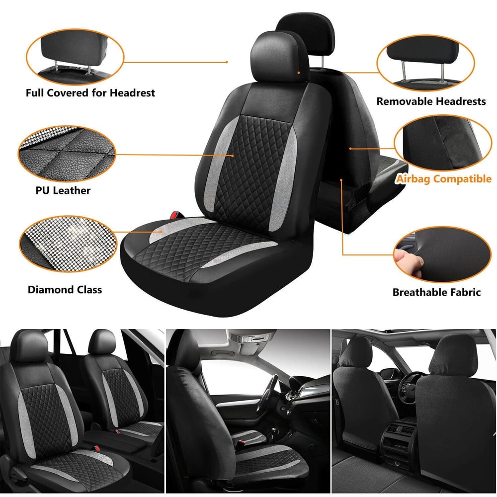 Leather Bling Car Seat Covers Full Set Premium Rhinestone Seat Covers For Women Vehicles Breathabl 9