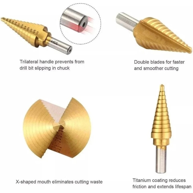Titanium Coated Step Drill Bit Set HighSpeed Steel For Metal Wood Plastic 2