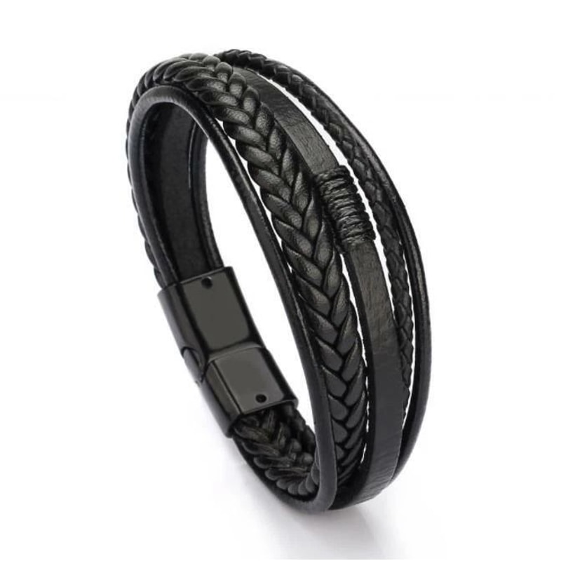 Mens Black Braided Leather Bracelet With Multi Layer Stainless Steel Clasp 5