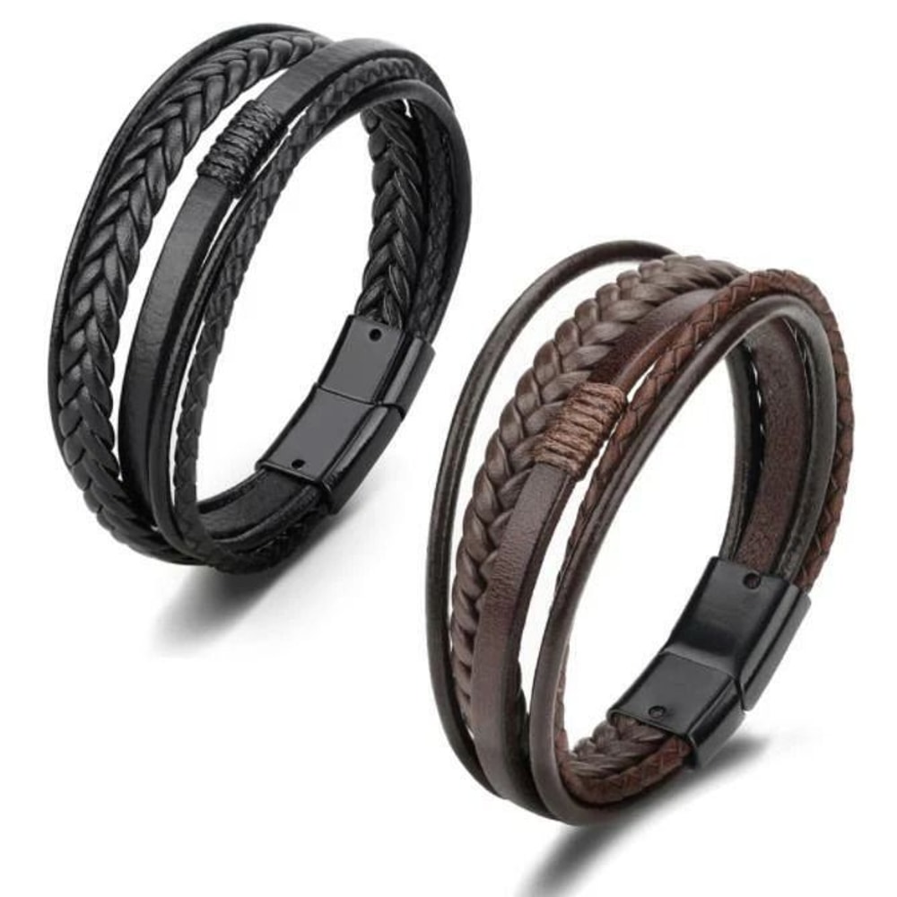 Mens Black Braided Leather Bracelet With Multi Layer Stainless Steel Clasp 3