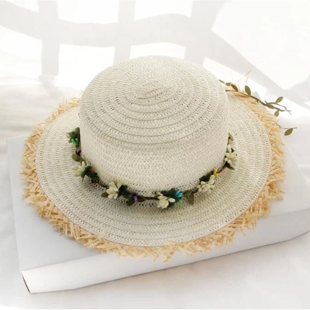 Elegant Straw Sun Hat With Floral Wreath Fedora For Summer 0