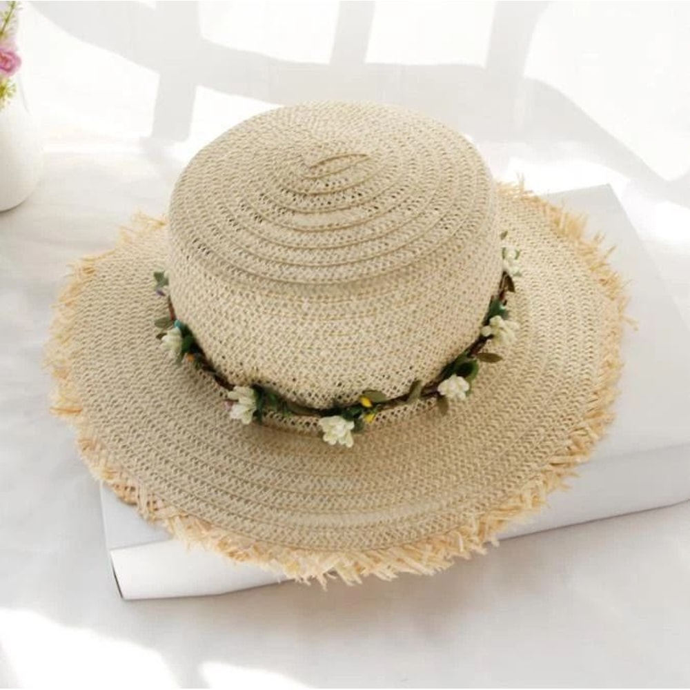 Elegant Straw Sun Hat With Floral Wreath Fedora For Summer 1