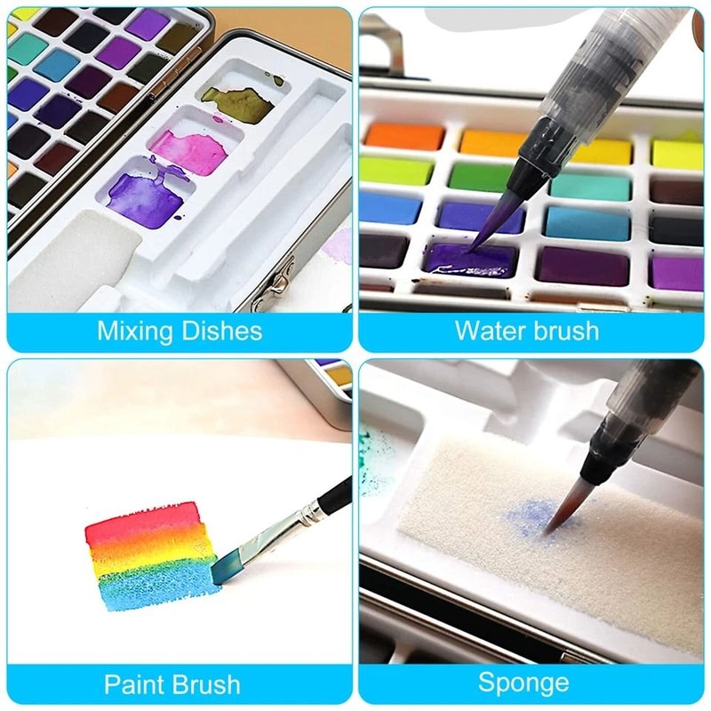 Professional Watercolor Paint Set With Brushes Water Brush Mixing Dishes 4