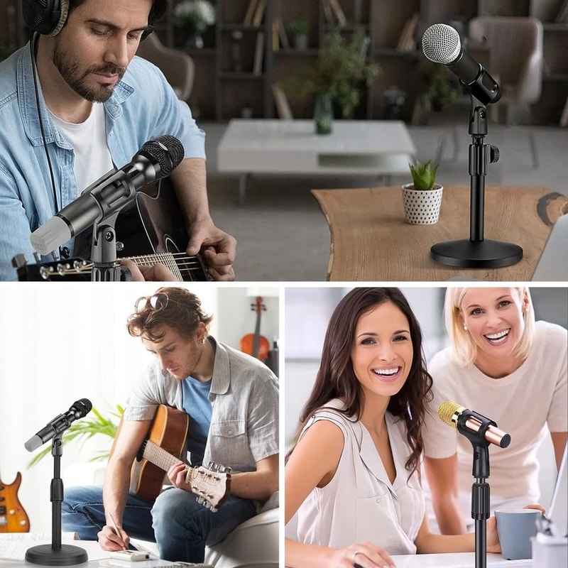 Adjustable Desktop Microphone Stand With Mini Weighted Round Base And Mic Clip 2
