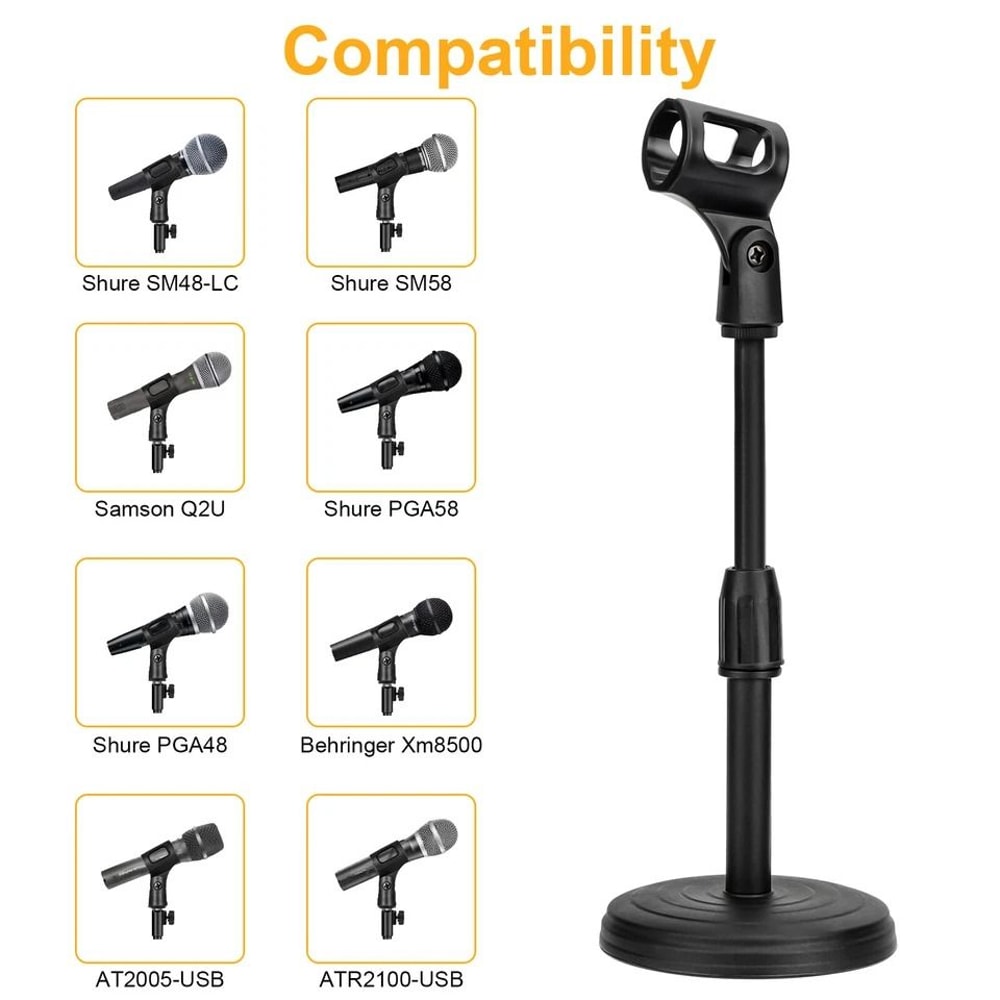 Adjustable Desktop Microphone Stand With Mini Weighted Round Base And Mic Clip 4