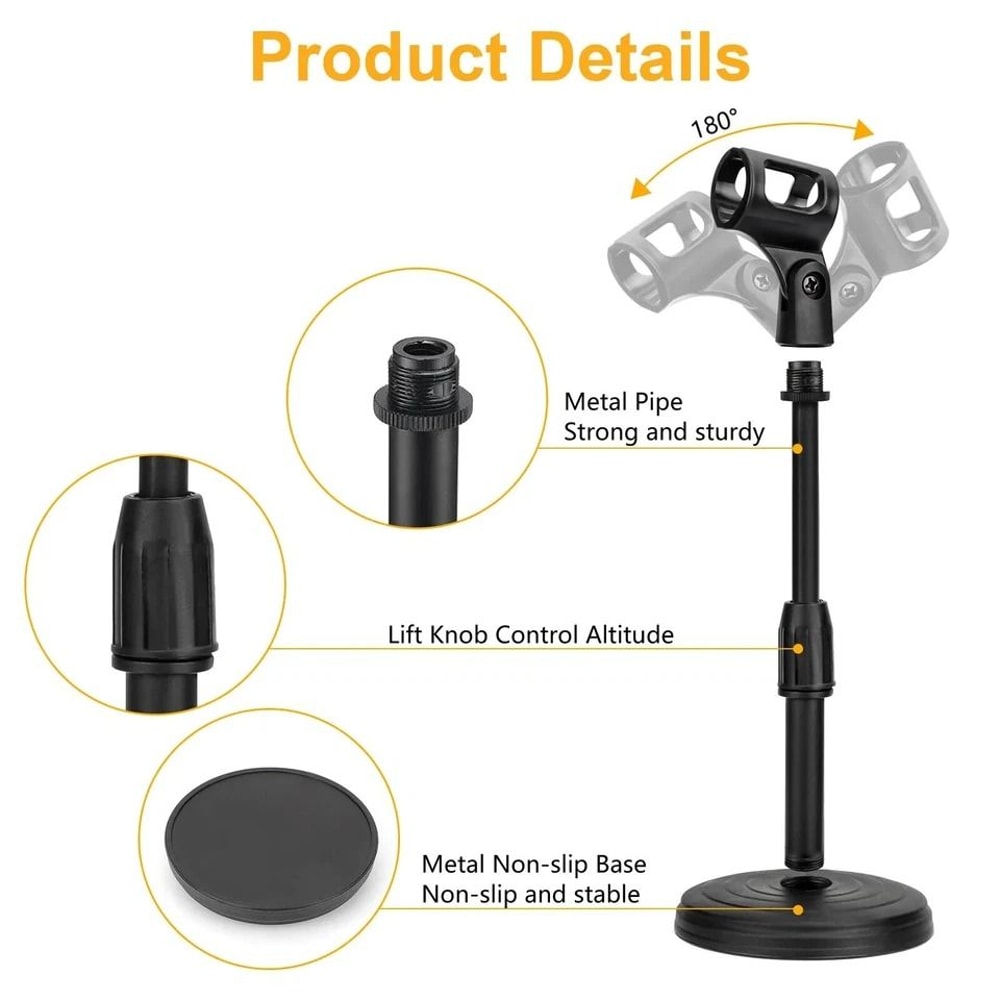Adjustable Desktop Microphone Stand With Mini Weighted Round Base And Mic Clip 6