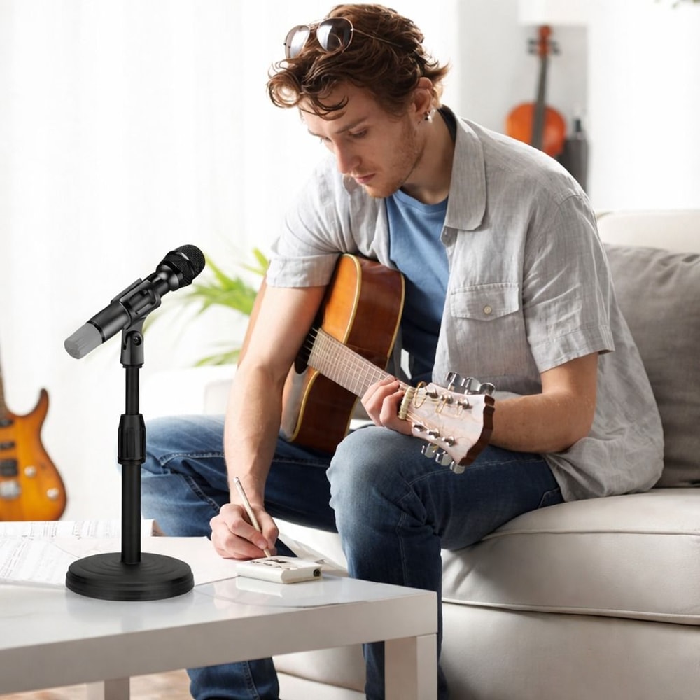 Adjustable Desktop Microphone Stand With Mini Weighted Round Base And Mic Clip 0