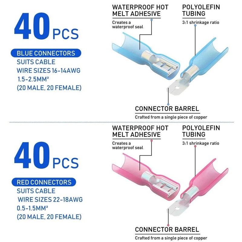Premium Heat Shrink Male Female Spade Wire Connectors Waterproof Durable 4