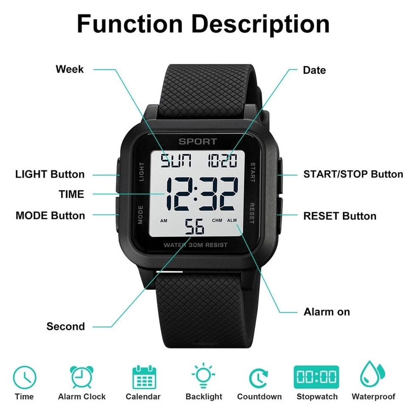 Fashion Men Waterproof Sports Watch With LED Display Multifunction Digital Wristwatch 2