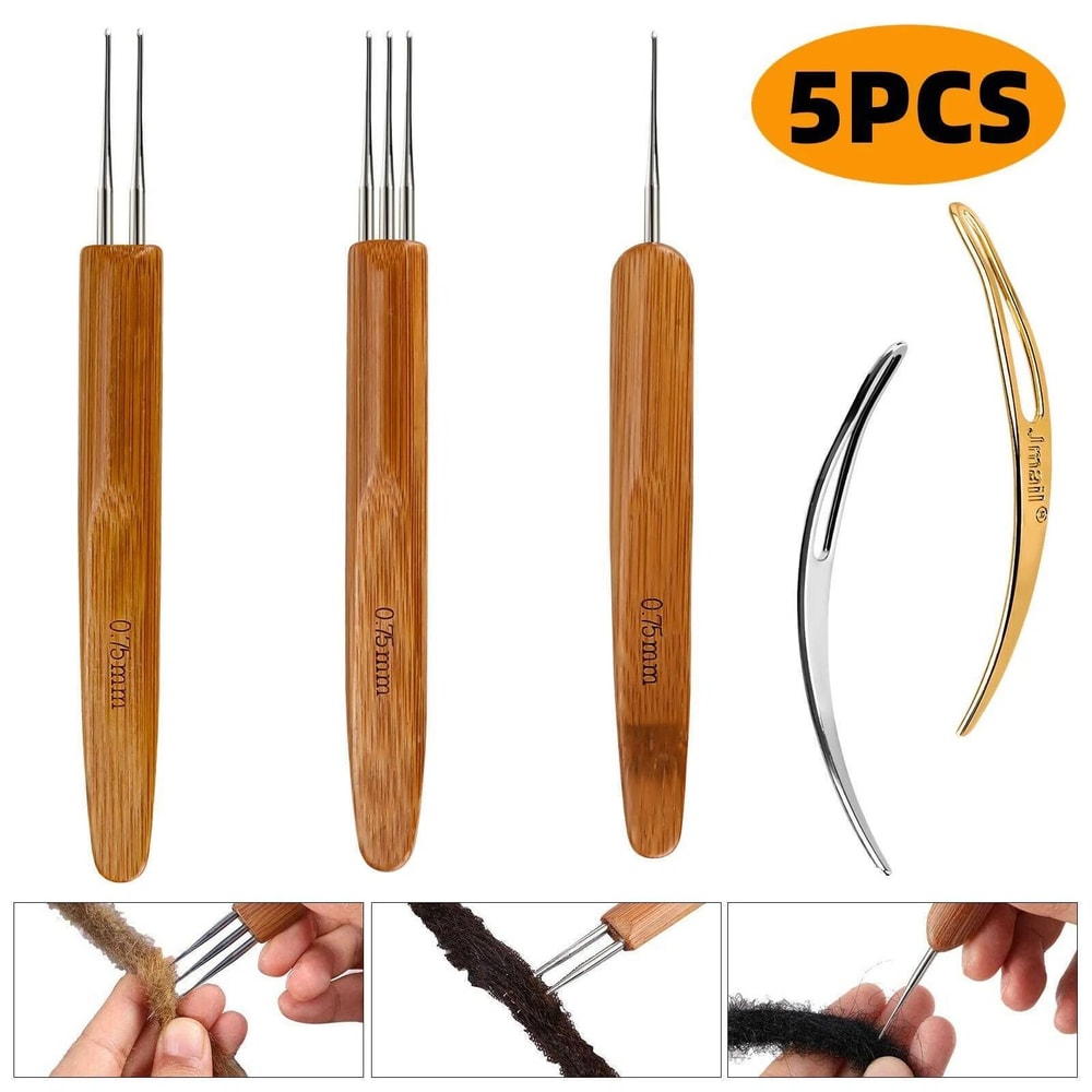 Bamboo Handle Dreadlock Crochet Hook Set For Braiding Loc Maintenance And Wig Weaving 7
