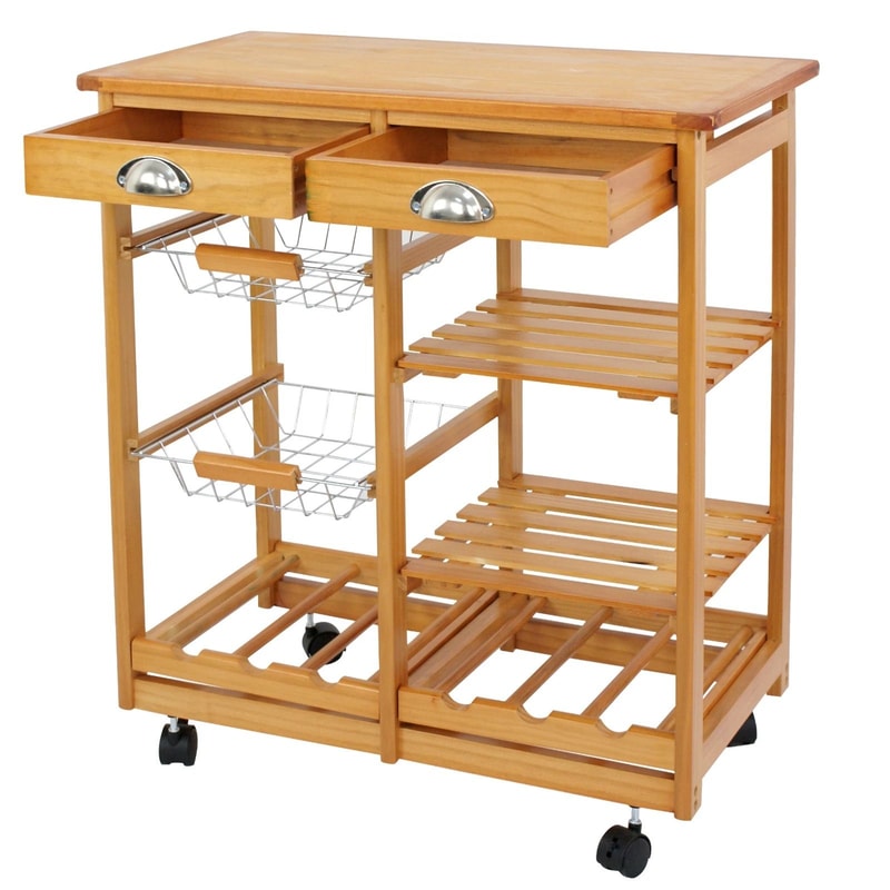 Rolling Kitchen Island Cart With Drawer And Wine Rack Solid Wood Storage Trolley On Wheels 0