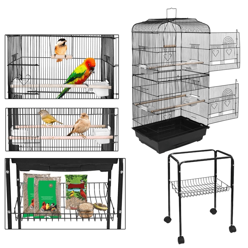 Rolling Bird Cage With Stand For Cockatiel Parakeet Finch Canary Spacious Wrought Iron Home 6