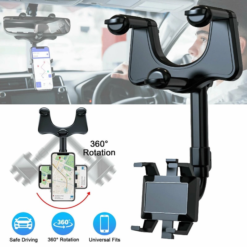Universal Rearview Mirror Phone Holder Rotatable Retractable Car Mount 3