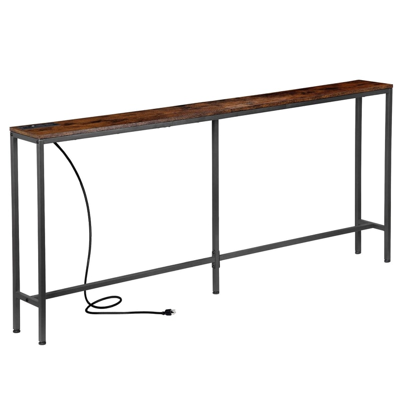 Slim Industrial Console Table With Power Outlet USB Ports Narrow Sofa Table For Entryway Storage 0
