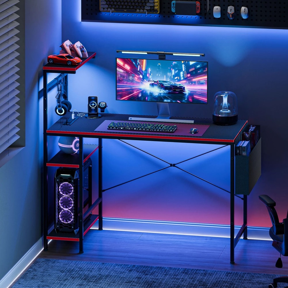 LED Gaming Desk With Power Outlet Reversible Shelves Modern Computer Workstation 0