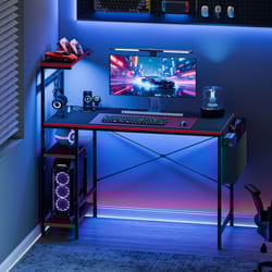 led gaming desk with power outlet & reversible shelves modern computer workstation