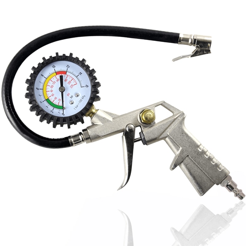 Tire Inflator Gauge With Flexible Hose And Pistol Grip Air Chuck 0