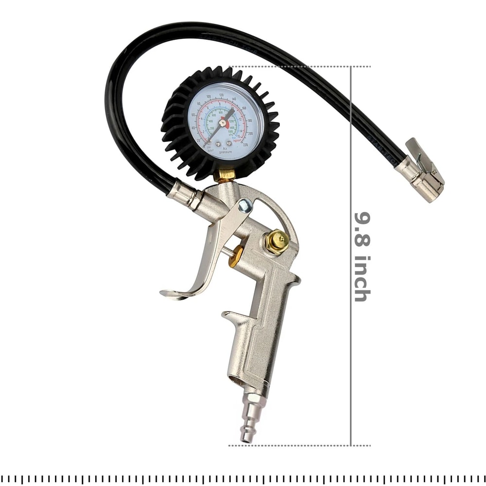 Tire Inflator Gauge With Flexible Hose And Pistol Grip Air Chuck 3