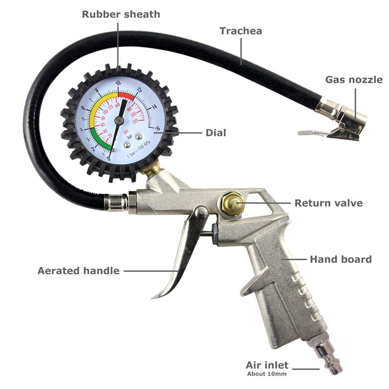 Tire Inflator Gauge With Flexible Hose And Pistol Grip Air Chuck 4