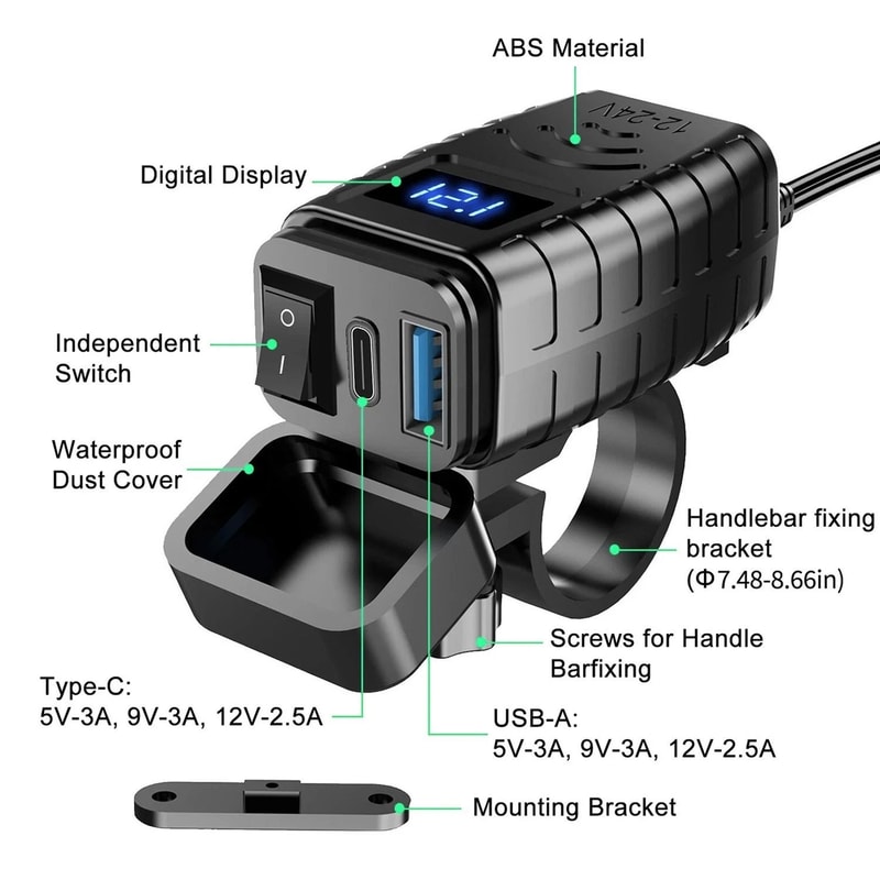 Waterproof Motorcycle USB Charger With Dual Fast Charging Ports And LED Voltmeter 1
