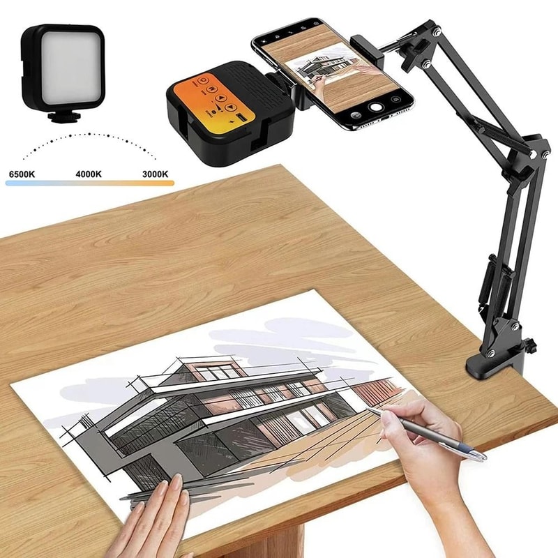 Overhead Phone Mount With LED Light Flexible Desk Phone Holder For Video Recording 1