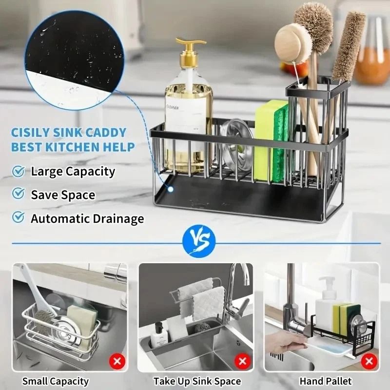 Stainless Steel Sink Caddy Sponge Organizer With Towel Holder 3