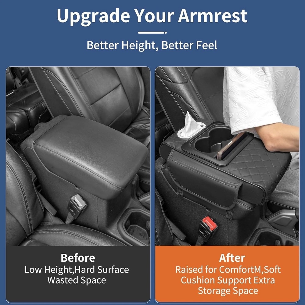Premium Car Armrest Cover Center Console Organizer With Cup Holder Tissue Box And Phone Holder Uni
