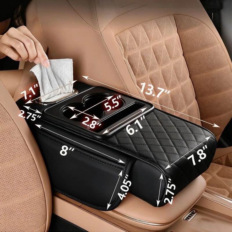 Premium Car Armrest Cover Center Console Organizer With Cup Holder Tissue Box And Phone Holder Uni