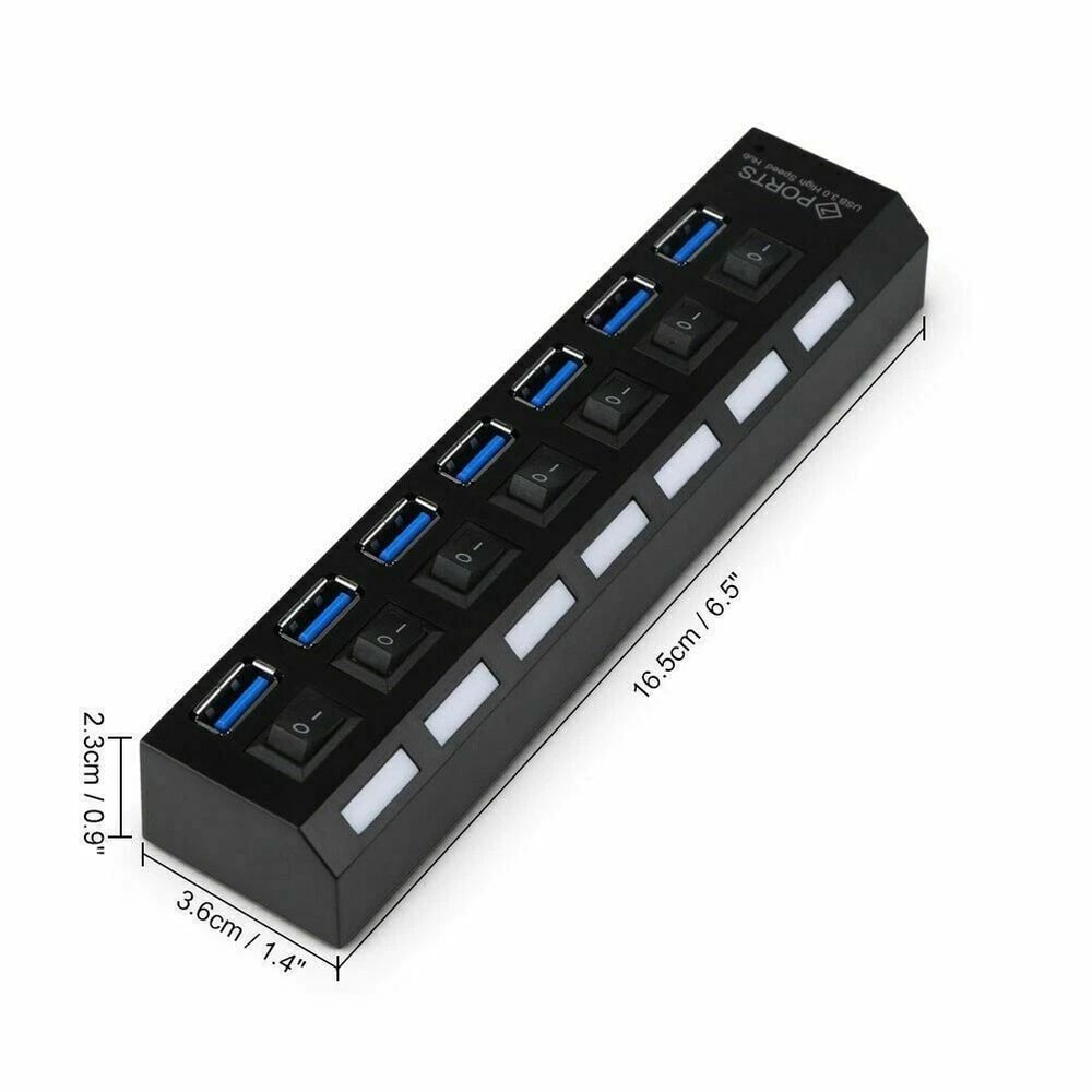 Port USB Hub With Individual Switches And AC Adapter 8