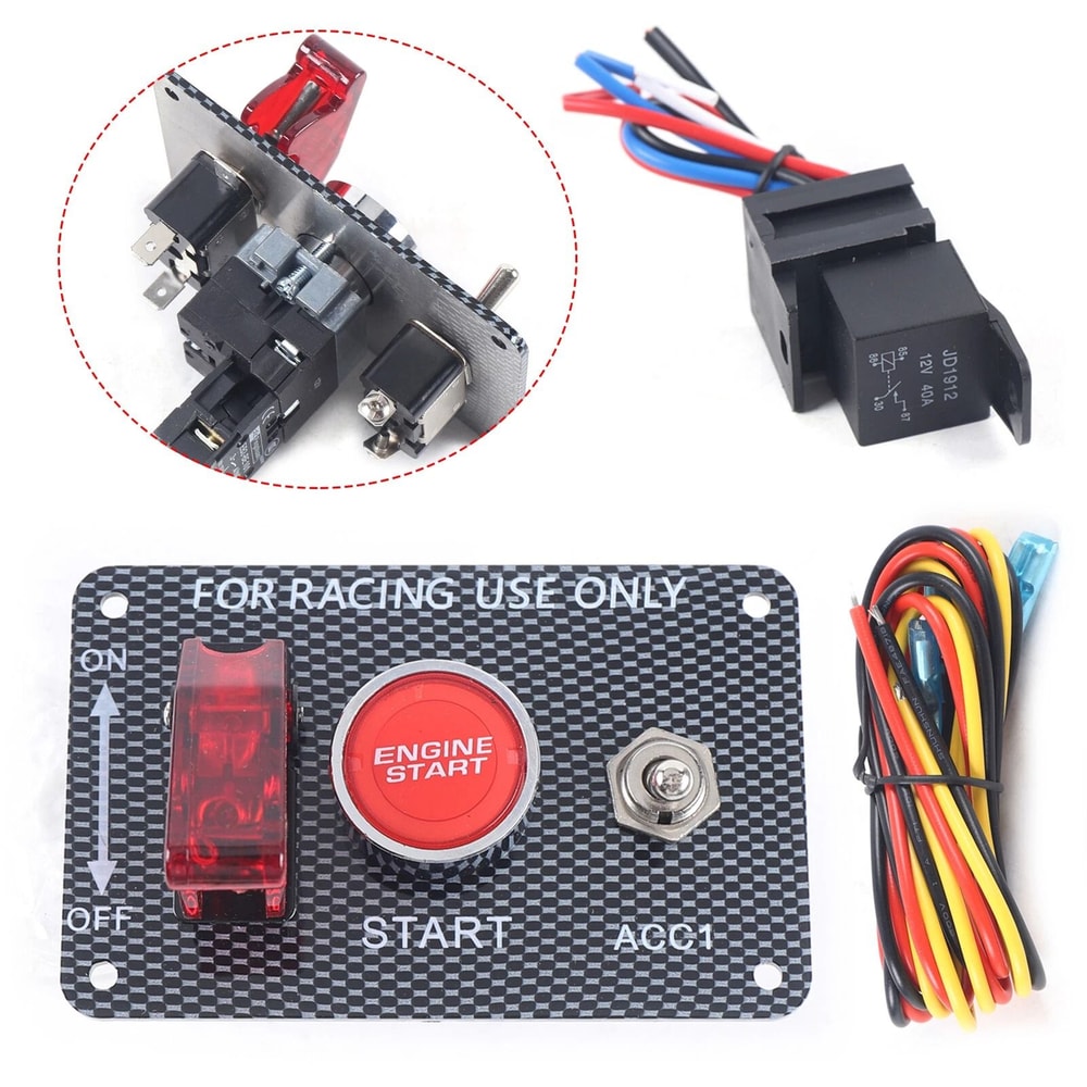 Premium Universal Car Ignition Switch Panel With LED Push Button Start And Racing Toggle Carbon Fin 11