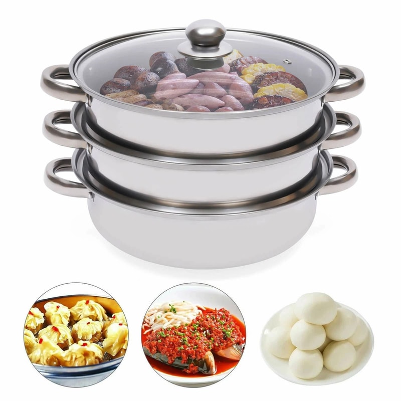 Premium Stainless Steel Steamer Pot For Healthy Cooking With Glass Lid Multi Level Steam Cooker 3
