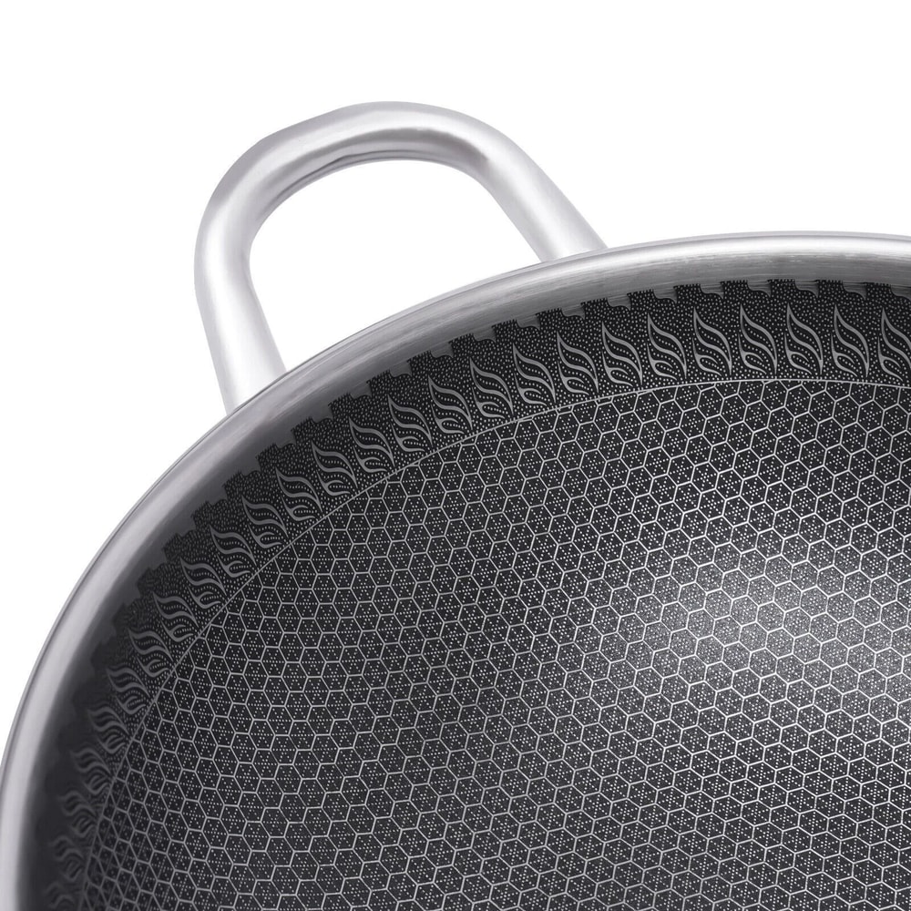Premium Stainless Steel Honeycomb Non Stick Wok Pan With Lid Induction Compatible 18