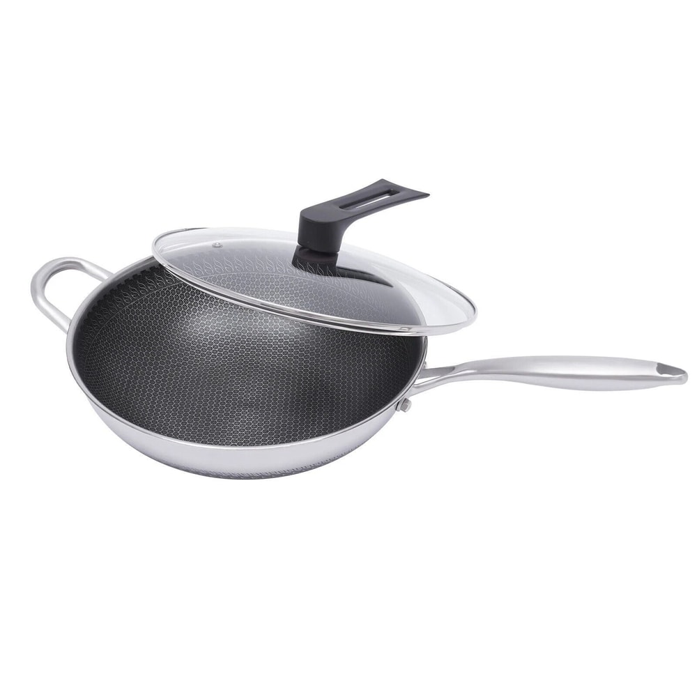 Premium Stainless Steel Honeycomb Non Stick Wok Pan With Lid Induction Compatible 11