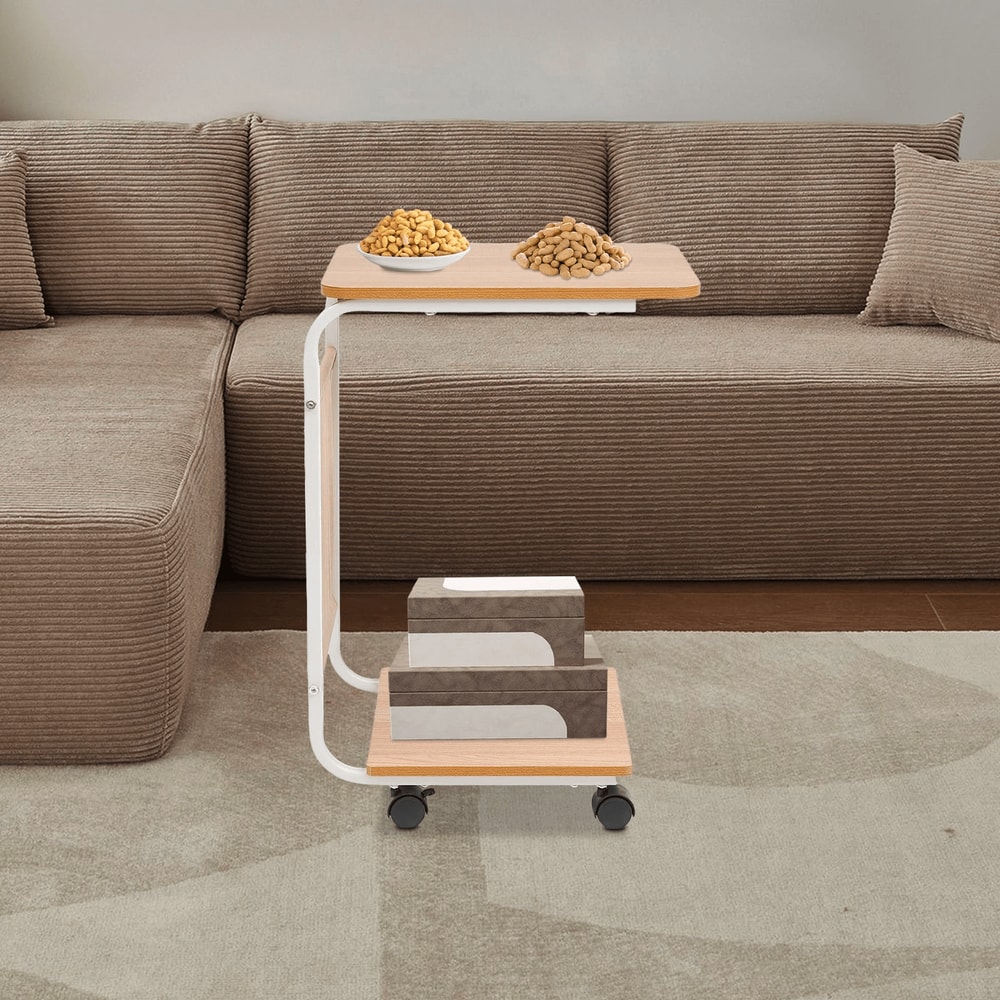 Mobile C Shaped Side Table With Wheels For Sofa Bed And Laptop Use 2