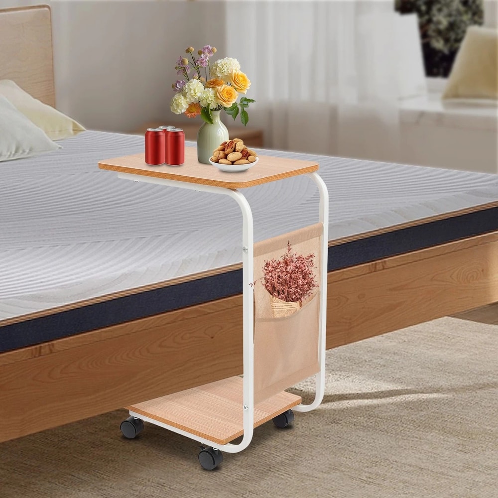 Mobile C Shaped Side Table With Wheels For Sofa Bed And Laptop Use 4