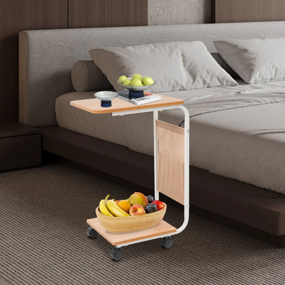 Mobile C Shaped Side Table With Wheels For Sofa Bed And Laptop Use 5