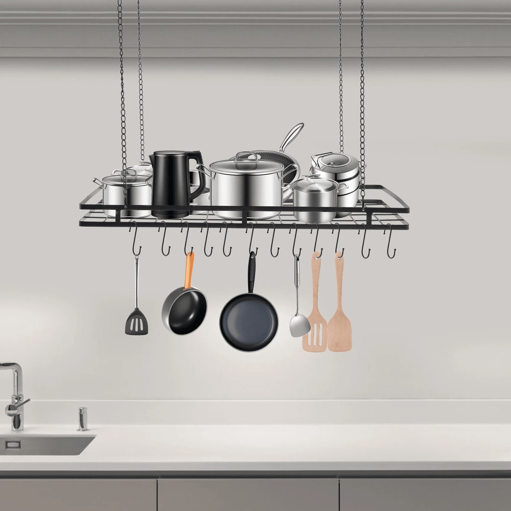 Modern Black Ceiling Pot Rack With Hooks For Pots And Pans 3