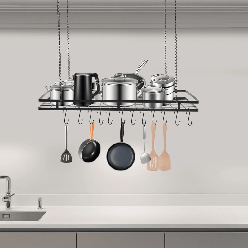 Modern Black Ceiling Pot Rack With Hooks For Pots And Pans 3