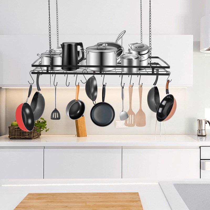 Modern Black Ceiling Pot Rack With Hooks For Pots And Pans 4