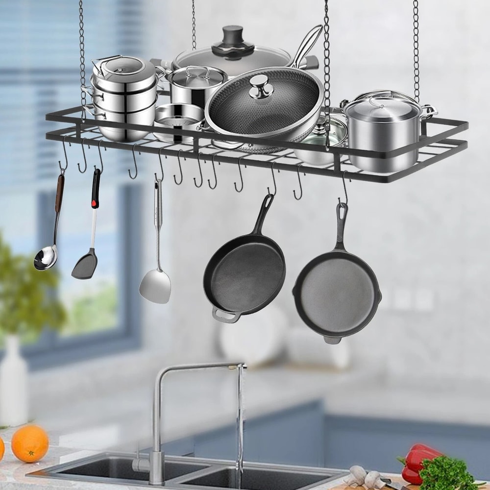Modern Black Ceiling Pot Rack With Hooks For Pots And Pans 0