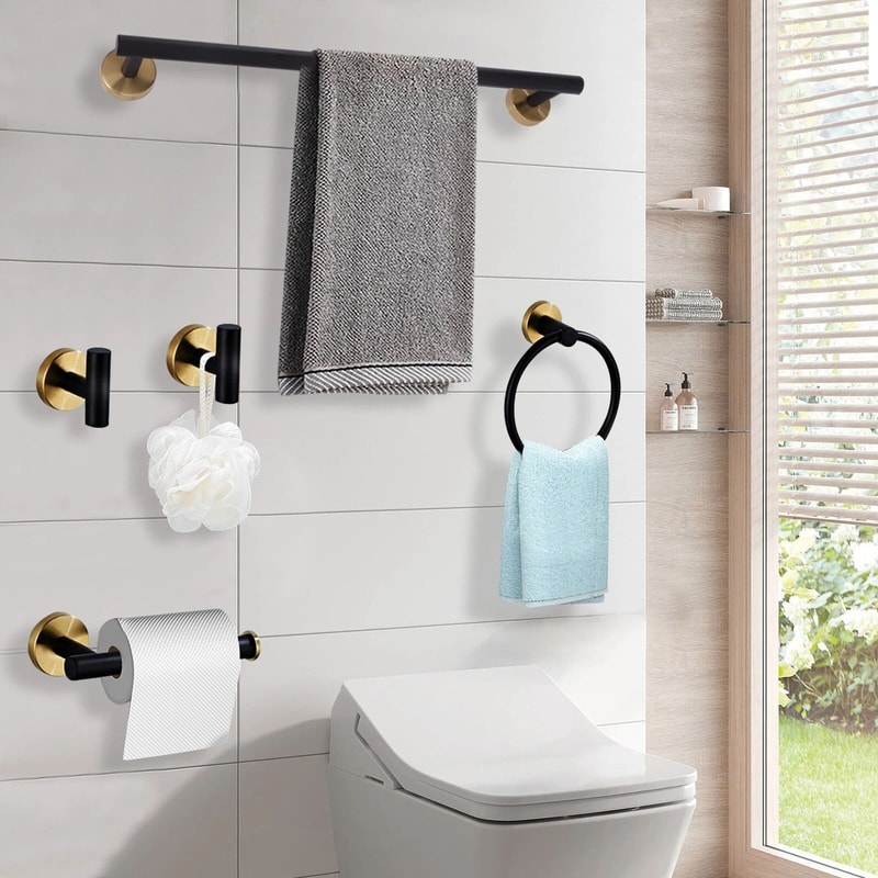 Matte Black And Gold Stainless Steel Bathroom Hardware Set Wall Mounted 4