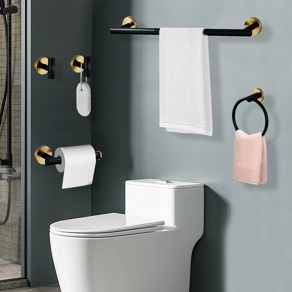 Matte Black And Gold Stainless Steel Bathroom Hardware Set Wall Mounted 5