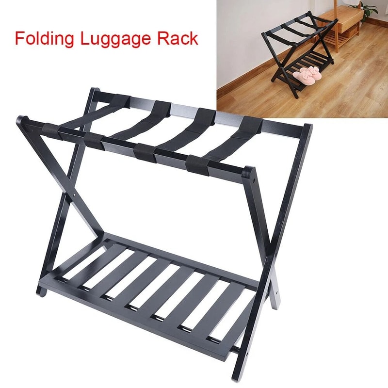 Foldable Wooden Luggage Rack With Shoe Shelf Suitcase Stand For Bedroom Hotel And Guest Rooms 0