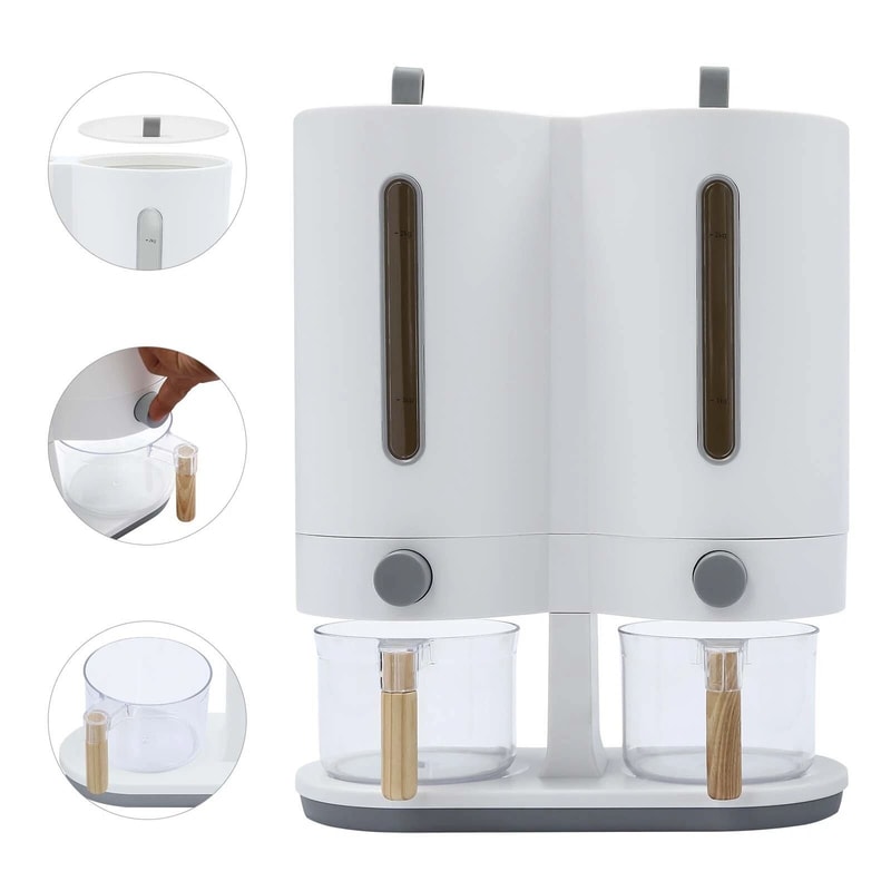 Premium Dual Rice Dry Food Dispenser Large Capacity Kitchen Storage With Measuring Cups 8