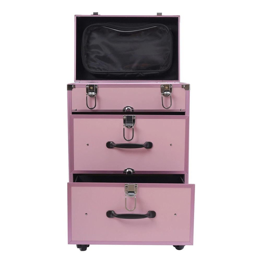 Professional Rolling Makeup Case With Lockable Tiered Salon Cosmetic Organizer 5