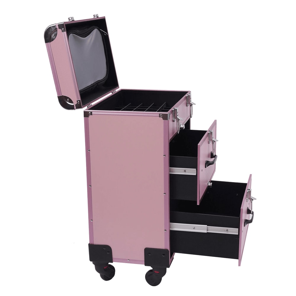 Professional Rolling Makeup Case With Lockable Tiered Salon Cosmetic Organizer 4