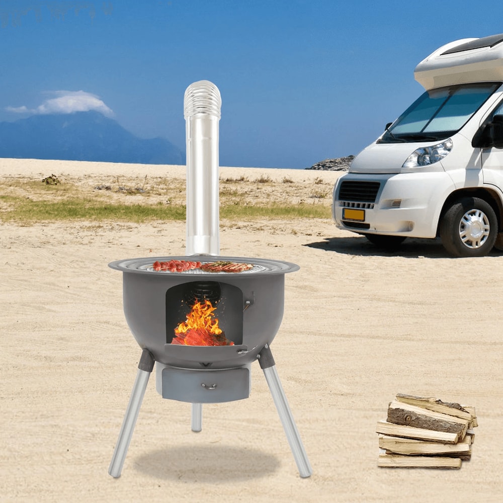 Portable Wood Stove Camping Wood Burning Stove With Chimney Pipe For Outdoor BBQ 2